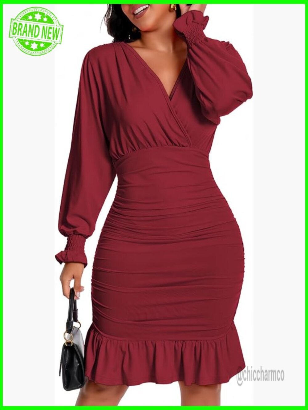 Sexy Ruched Bodycon Mini Dress Long Sleeve V-Neck Lantern Sleeve Wrap Bodycon